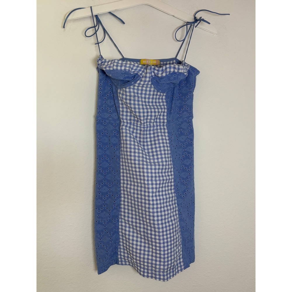 Urban Outfitters Blue Gingham Eyelet Lace Bustier Mini Dress Tie Strap Medium